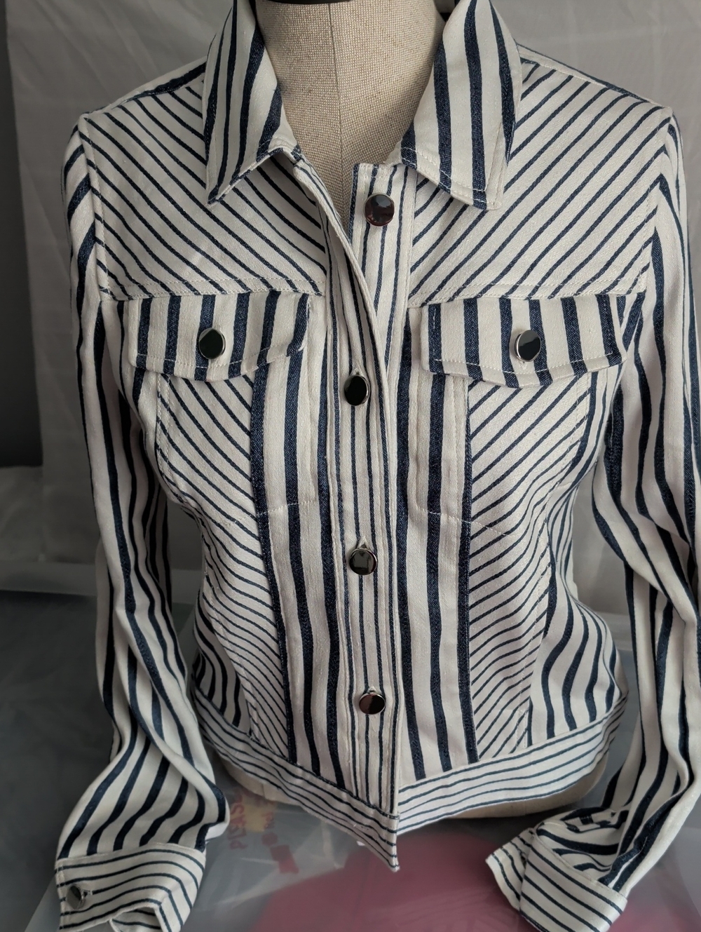 Etcetera Navy and White Striped Denim-Style Jacket